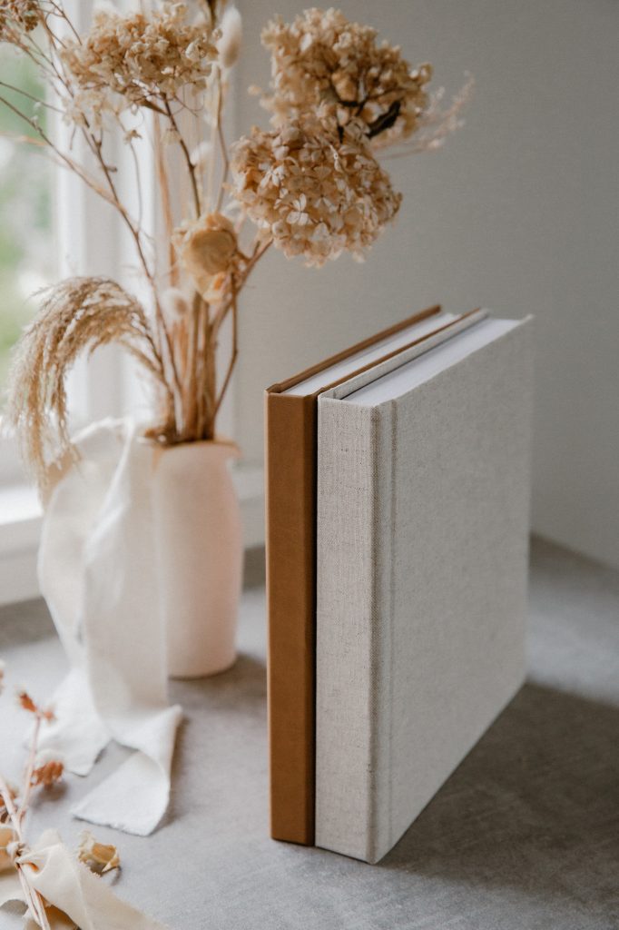 Fine Art Wedding Album showing details of the quality of the cover in linen and leather Ana Galloway Photography