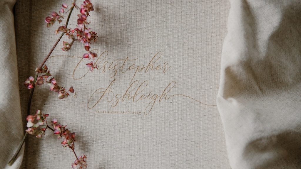 Fine Art Wedding Album showing details of the quality of the cover engraving Ana Galloway Photography