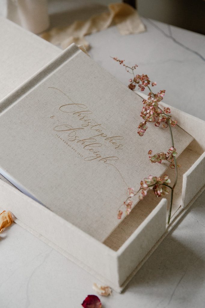 Fine Art Wedding Album showing details of the quality of the front cover Ana Galloway Photography