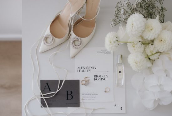 stunning and elegant bridal details of shoes, florals, rings, and stationary. Ana Galloway Photography